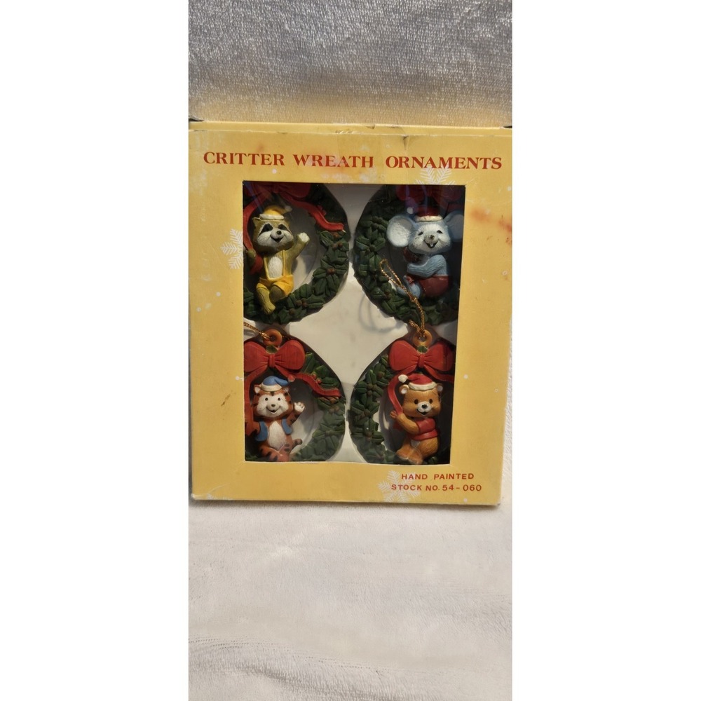VTG Critter Wreath Christmas Ornaments Set of 4 Hand Painted Bear Mouse Raccoon